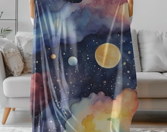 Watercolor Galaxy Sherpa Fleece Blanket, Cosmic Cloud Art