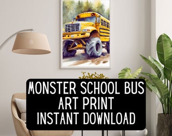 Monster School Bus Watercolor Print, Kids Room Decor (Digital Download)