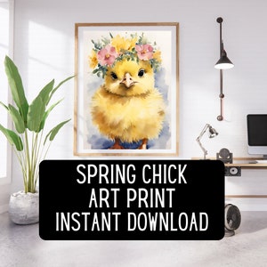 Easter Spring Chick Watercolor Art - Adorable Yellow Chick with Flower Crown, Whimsical Farm Animal Print for Easter and Nursery Decor