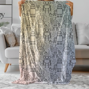 Robot Sherpa Blanket – Rainbow Tech Print, Cozy Kids Throw