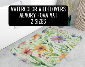 Tapis de bain vert aquarelle fleurs sauvages en mousse à mémoire de forme