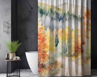 Watercolor Autumn Forest Shower Curtain, Rustic Landscape Bath Decor