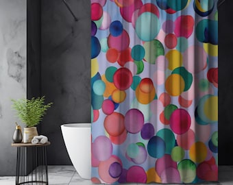 Watercolor Rainbow Polka Dot Shower Curtain, Colorful Bathroom Decor, Fun Kids Bathroom Makeover, Maximalist Boho