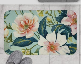 Vintage Floral Bath Mat, Soft Watercolor Flower Bathroom Rug, Microfiber Mat, Cottage core Decor, Pink Botanical Shower, country chic shower