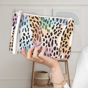 Pastel Leopard Print Clutch Bag, Watercolor Animal Print Purse, Rainbow Evening Bag, Trendy Makeup Bag, Fashionable Statement Wallet, Unique