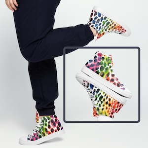 Womens high top canvas shoes, rainbow cheetah print, whimsical animal, colorful sneakers, leopard print shoes, bright high tops, artsy shoes