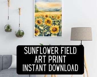 Sunflower Field Watercolor Print – Rustic Farmhouse Decor (Digital Download)