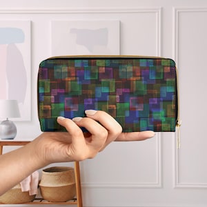Cartera con cremallera geométrica colorida, cartera de mano con estampado abstracto de cuadrados y cremallera dorada, cartera de moda para mujer, chequera negra de colores oscuros.