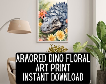 Op de afbeelding: Een aquarel schilderij van een blauwe en grijze gepantserde dinosaurus met gele en oranje bloemen. De dinosaurus kijkt de kijker aan met een vriendelijke uitdrukking. Het schilderij is ingelijst en klaar om aan de muur te hangen.