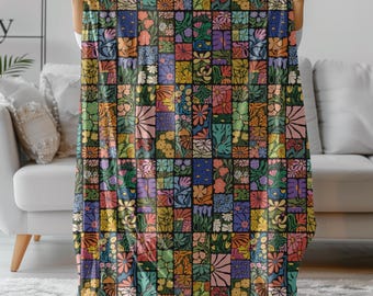 Abstract Floral Sherpa Fleece Blanket, Maximalist Boho Decor