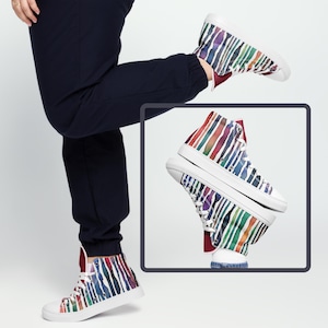 Striped Rainbow High-Top Canvas Shoes for Women, Colorful Casual Sneakers, Unique Festival Footwear, Comfortable Stylish Everyday Shoes