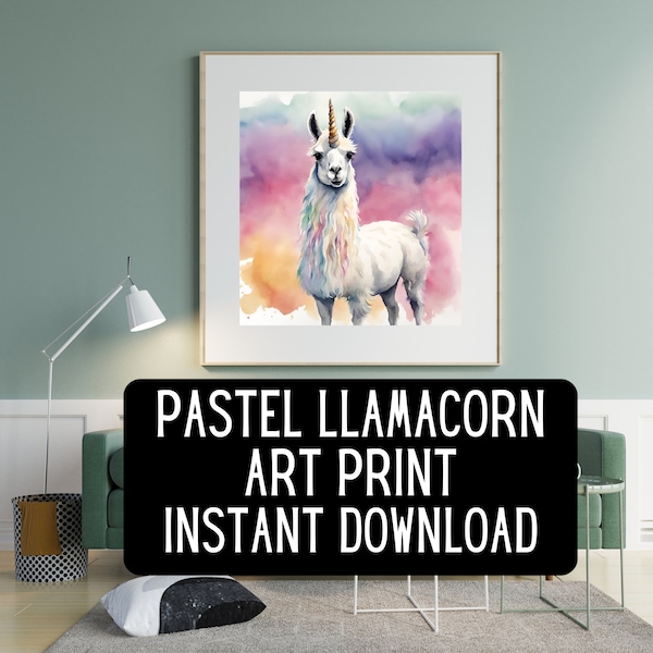 single image Watercolor style pastel rainbow llama unicorn llamacorn wall art digital download print