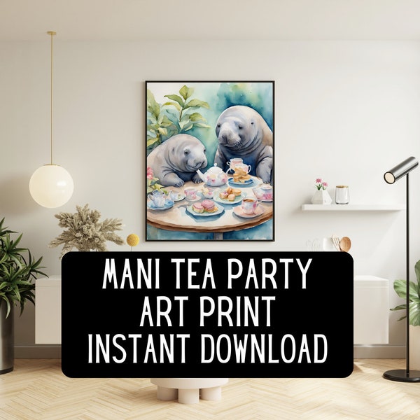 single image Watercolor style manatee afternoon tea wall art instant download print