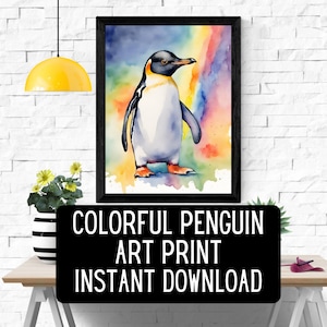 Colorful Watercolor style Penguin Artwork - Vibrant Emperor & King Penguin Print - Whimsical Digital Animal Art for Home or Office Decor