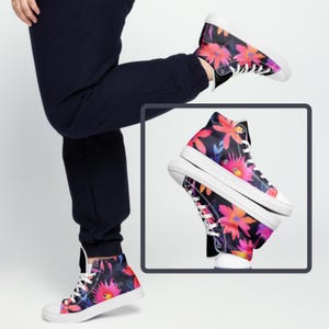 Bold Floral High-Top Sneakers | Women’s Stylish Canvas Shoes | Trendy & Comfortable Everyday Footwear neon whimsical bright high top shoes