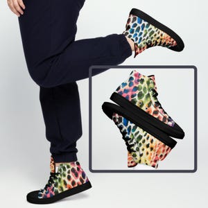 Rainbow Leopard Print High-Top Sneakers for Women - Bold, Colorful Canvas Shoes for Unique Streetwear Style Animal Print 90s Aesthetic