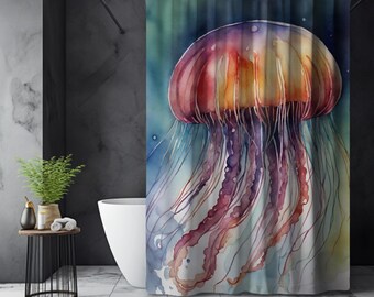 Fantasy Jellyfish Shower Curtain, dark underwater scene, coastal beach bathroom, jellyfish lover gift, beautiful under the sea watercolor