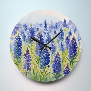Watercolor Bluebonnet Field Clock, Texas Wildflower Art, Rustic Farmhouse Decor
