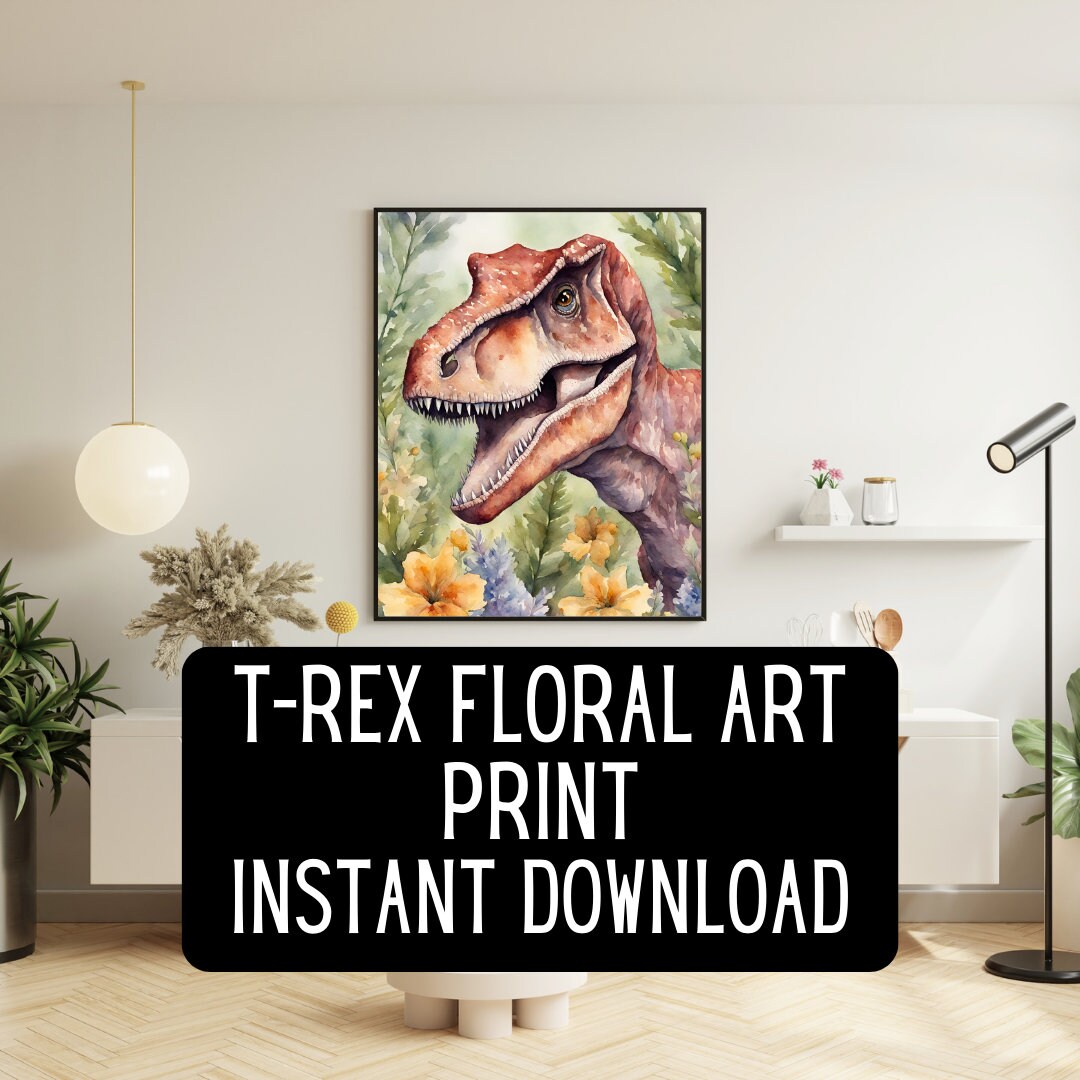 Tyrannosaurus Rex Watercolor Art Print – Floral Dinosaur Wall Art ...