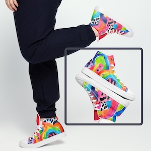 Neon Colorful Abstract Animal Print High-Top Sneakers – Women’s Vibrant Canvas Shoes, hot pink funky bright neon Unique Artistic Design