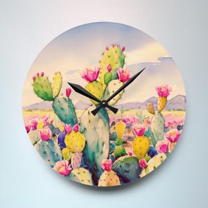 Prickly Pear Cactus Watercolor Clock, Desert Botanical Southwest Wall Art