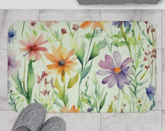 Watercolor Wildflowers Green Microfiber Bath Mat, Floral Bathroom Decor, Soft memory foam rug, shabby chic home, cottagecore decor, country