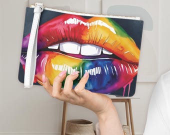 Rainbow Lips Clutch Purse, Watercolor Makeup Bag, Pride Accessory