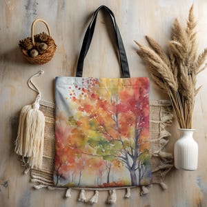 Autumn Scene Landscape Mountains Travel Tote Bag, Reusable Shopping Bags, Large Book Bags, Fall Foliage Market Bag, Cozy Seasonal Accessory