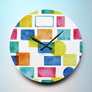 Colorful Geometric Wall Clock, Abstract Watercolor Shapes Decor, Modern Mid Century Style Clock, Bright Art Teacher Classroom Decor