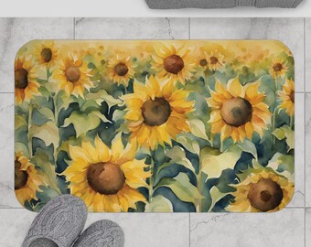 Watercolor Sunflower Bath Mat - Memory Foam Floral Rug, Yellow Sunflower Bathroom Decor, Soft area rug Mat, Farmhouse flowers Bath Accent
