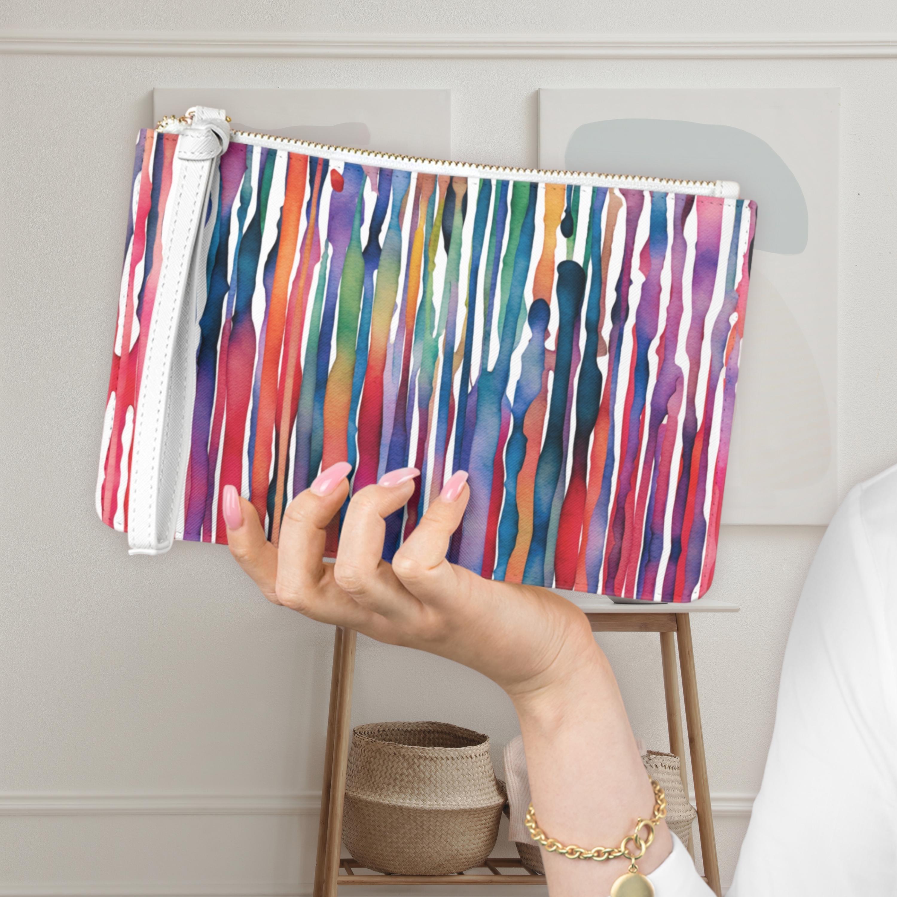 Rainbow Watercolor Stripe Clutch, Artistic Wristlet With Drip