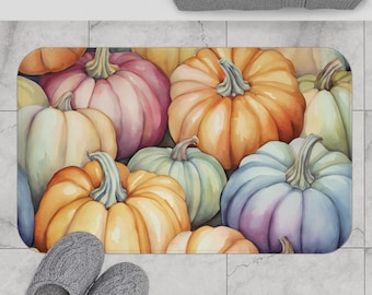 Bath Mat, Rainbow Pumpkins, Watercolor Pumpkin Patch, Colorful Fall Bathroom, Autumn Bath Rug, Halloween Country Kitchen Rug, Cottage Core