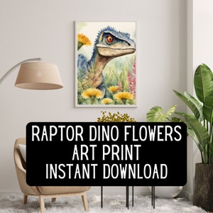 Velociraptor Watercolor Art Print – Floral Dinosaur Wall Art – Jurassic-Inspired Home Decor – Digital Dinosaur Artwork – Raptor Flowers Art