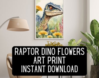 Velociraptor Watercolor Art Print – Floral Dinosaur Wall Art – Jurassic-Inspired Home Decor – Digital Dinosaur Artwork – Raptor Flowers Art