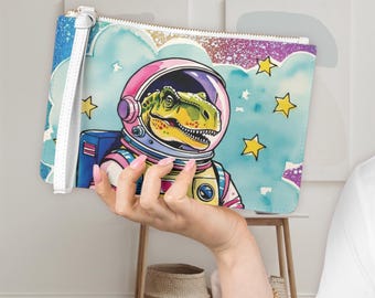 Colorful Retro Astronaut Dinosaur Clutch Bag, whimsical t-rex wristlet, pu leather handbag, dino lover gift idea, funky small purse