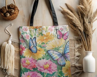90s Butterfly Floral Tote Bag, Colorful Retro Canvas Bag