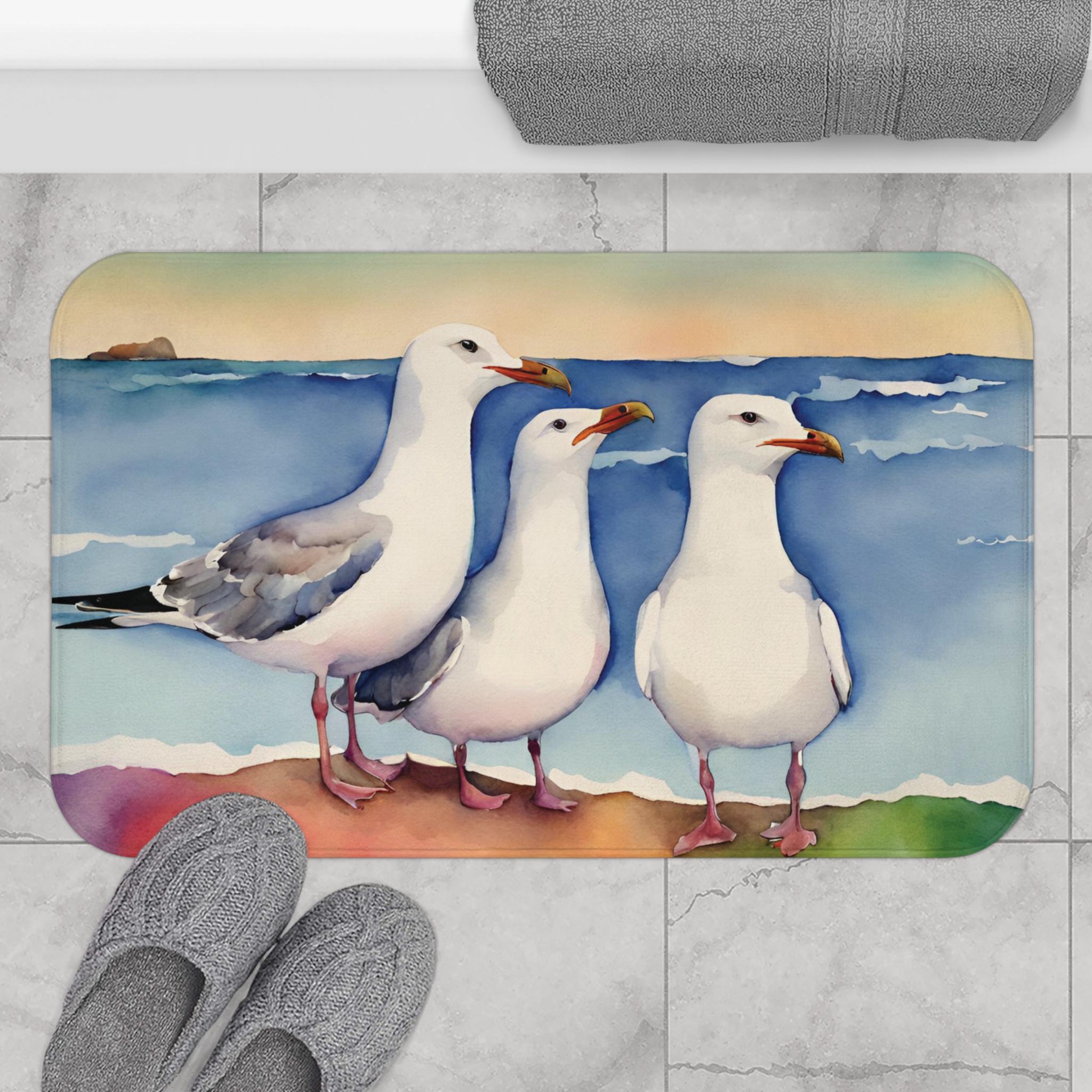Watercolor Seagull Microfiber Bath Mat, Soft Memory Foam, Coastal Bathroom Decor, beach theme, Available in Two Sizes, whimsical seaside rug