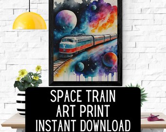 Space Train Watercolor Art Print – Futuristic Galaxy Train Illustration – Cosmic Wall Decor – Sci-Fi Digital Download - planetary train