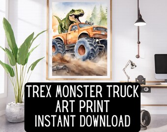 Tyrannosaurus Monster Truck Watercolor Style Art Print – Fun Dino T-Rex Wall Art – Dinosaur Truck Illustration – Kids Room Decor Fantasy