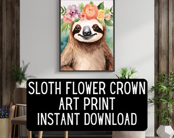 Single Image Sloth in Flower Crown Instant Download Art Print