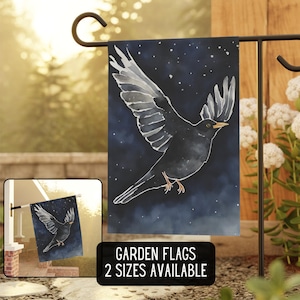 blackbird garden flag, Raven yard decor, night crow flag, Fall Halloween decor, night outdoor decor, flying bird house banner, dark yard art