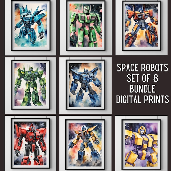 Watercolor style transformers in space wall art digital download set of 8 gallery bundle