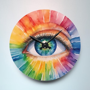 Rainbow Eye Acrylic Wall Clock, Watercolor Surreal Art, Maximalist Dopamine Decor