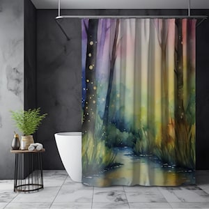 Watercolor Firefly Forest Shower Curtain, Sunset Woodland Decor