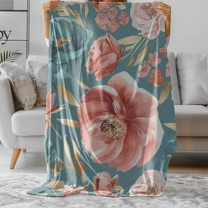 Floral Sherpa Blanket, Cozy Teal Watercolor Flowers, Soft & Warm Throw, Elegant Botanical Design, Cottagecore, Shabby Chic Boho Home Décor
