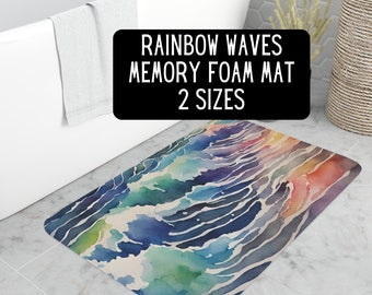 Tapis de bain en mousse à mémoire de forme aquarelle arc-en-ciel océan vagues