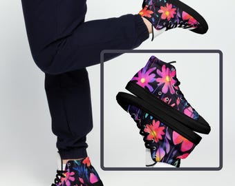 Floral Neon Women’s High Top Sneakers – Bold Black Canvas Shoes, 90s Aesthetic Flower Print, Trendy Fashion Statement Shoes Neon Black Funky