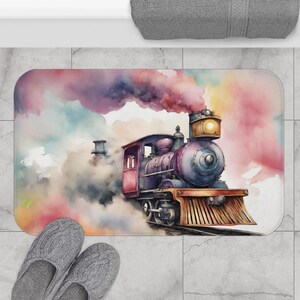 May include: A watercolor painting of a vintage steam train with smoke billowing from the chimney. The train is painted in shades of purple, red, and blue, and is set against a colorful background of pink, yellow, and blue.