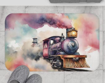 Magic Train Watercolor Bath Mat – Vintage Steam Train, Soft Memory Foam, Two Size Options, fantasy steampunk bathroom, whimsical maximalist