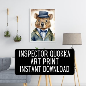 Quokka Detective Digital Art - Watercolor-Inspired Animal Portrait - Printable Wall Art for Quokka & Inspector Sleuth Lovers quirky artwork